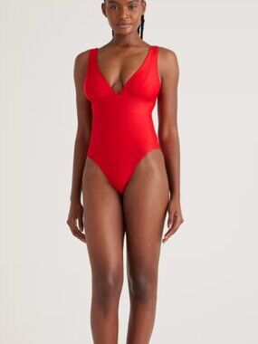 Quince Italian Plunge One-Piece Swimsuit Size large Cherry Red nwt
